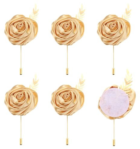 QUARKZMAN 6 Stück Goldene Rosen Ansteckblumen Knopflöcher Taschenanstecker Pins für Hochzeitszeremonie Jubiläum Abschlussball Formelles Abendessen Party (4,7 x 2 Zoll)
