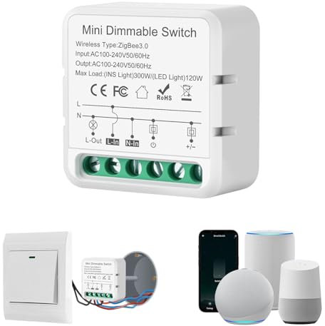 Zigbee Dimmer Unterputz,Zigbee3.0 Dimmer Schalter, Dimmschalter für led lampen,Unterputz Dimmschalter, Kompatibel mit Alexa,Tuya, Smart Life,Neutralleiter Erforderlich,Sprachsteuerung