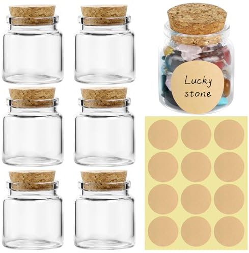 6 mini bottiglie di vetro con tappo in sughero, 50 ml, piccoli barattoli con coperchio, adesivi per etichette, vetro con tappo in sughero, mini bottiglie di vetro per regali di nozze, feste, spezie e