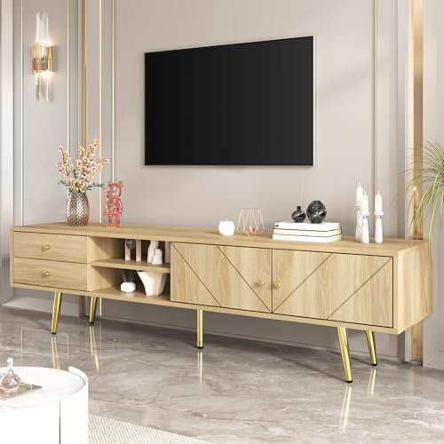 BTM Meuble TV 160 cm avec Pieds dorés - Meuble TV Moderne avec 2 tiroirs et 2 Portes - Durable - Grand Espace de Rangement, Bois - 160 x 36 x 42 cm