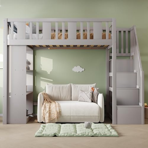 Doyisy Hochbett 90 x 200 cm, Kinderbett mit Stauraumtreppe, Hochbett mit Mehreren großen Staufächern, Funktionsbett, Kinderbett, Jugendbett, Holzbett (ohne Matratze) (Grau)
