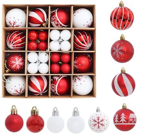 Neuytiky 44 Stück Christbaumkugeln,Weihnachtskugel Ornamente Set,Christbaumschmuck,für Weihnachtsbaum Hängende Dekorationen Festival Party Feiertag Dekor (Rot und Weiß)