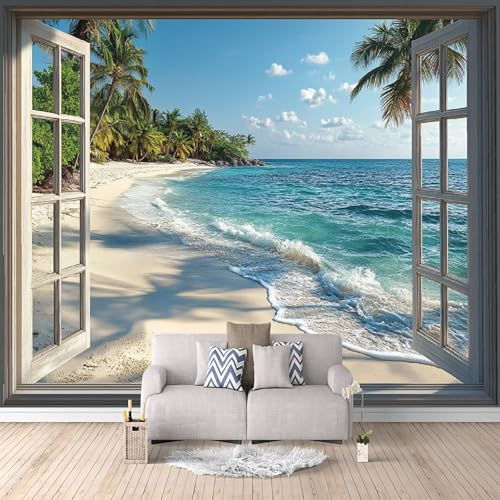 Fototapete Strandlandschaft 300×210 cm (BxH) Tapete Fototapeten 3D Wohnzimmer Vlies Tapeten Optische Täuschung Mit Blick Aus Dem Fenster Wandtapete Moderne Wand Deko Fototapete Schlafzimmer Bildtapete