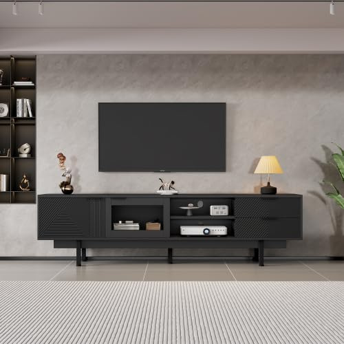 Merax TV Schrank 200x40x50,5 cm – Lowboard mit 3-Schicht Design, 2 Türen (eine aus gehärtetem Glas) & 2 Schubladen, Für 80 Zoll Fernseher, Schwarzes Wohnzimmer Möbel
