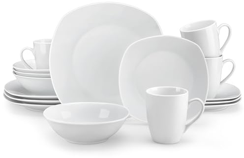 MALACASA 16-Piece Porcelain Dinner Set with Mugs, Plates and Bowls for 4 | Ceramic Crockery Set Dinner Service with Dinner Plates, Salad Plates, Soup Bowls, Dishwasher & Microwave Safe, Ivory White