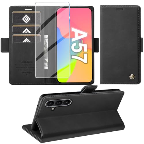 Giyer Handyhülle für Samsung Galaxy A57 5G Hülle mit Schutzfolie, Schutzhülle PU Leder Wallet Flip Case Standfunktion Kartenfach Stoßfest Klapphülle für Samsung A57 55G Cover Tasche (Schwarz)