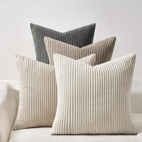 Topfinel 4er Set Kissenbezug 40x40 Cord mit Gestreiftem Dekokissen für Sofa Schlafzimmer Wohnzimmer, Flauschige Kissenhülle Natural in Kinderzimmer, Dekorativ und Weich