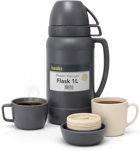 Thermal Flask 1L | Glass Lined Insulated Vacuum Flask with 2 Cups | Keeps Drinks Hot for 12 Hours & Cold for 24 Hours | Ideal for Travel, Work, Camping & Outdoor Use