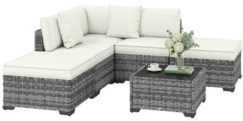 Outsunny 6-teiliges Gartenmöbel-Set aus Rattan, L-förmiges Gartenmöbel-Set mit Sofas ohne Armlehnen, Eckstuhl, Fußstütze, Kissen, Couchtisch, Sitzgruppe für den Außenbereich, Terrasse, grau meliert