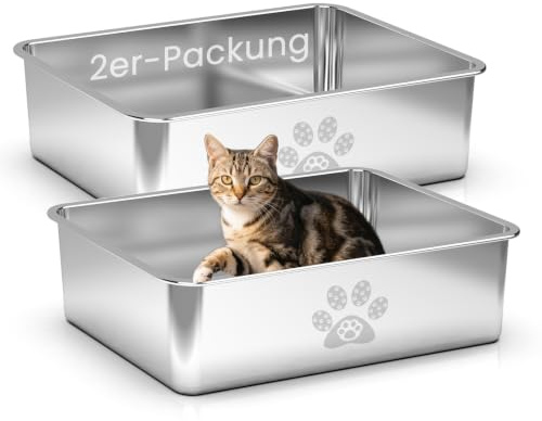 PTLOM Katzenklo Edelstahl Katzentoilette - Katzenklo Offen Mittel Mit Niedrigem Einstieg für ältere Katzen, Abgerundete Kanten, Rostfrei & Antihaftbeschichtet, 50x35x15cm, 2 Stück