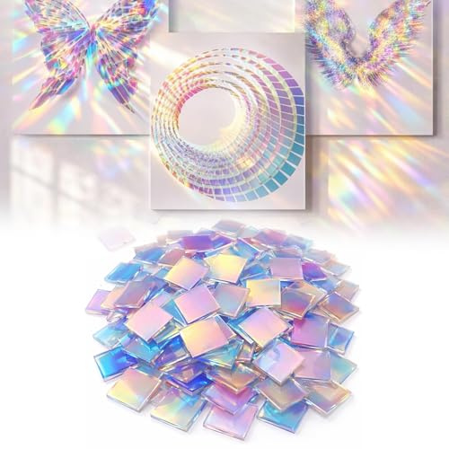 100 Stück Acryl Mosaiksteine Zum Basteln, Mini Irisierende Acryl Quadrate, Holografische Mosaikfliesen, Bunte Acrylplatten Für DIY, Mosaik Art, Bilderrahmen, Teller, Blumentöpfe, Dekoration (3 X 3 CM)