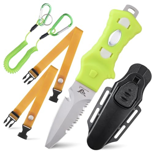MILLION SOURCE Tauchmessermm, Rettungsmesser mit Beinholste | Rettungsmesser Outdoor 17,5cm Mit Sägezacken, Scheide, Karabinerhaken, Leuchtgriff, Ideal für Tauchen, Überleben & Notfälle