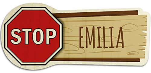 printplanet Türschild aus Holz mit Namen Emilia - Motiv Stopschild - Namensschild, Holzschild, Kinderzimmer-Schild