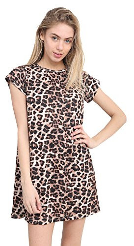 GW CLASSY OUTFIT Women's Cap Sleeve Swing Dress Ladies Casual Summer Dresses Plain & Printed Midi Swing Dress UK Size 8-26 (8-10, Leopard Print)