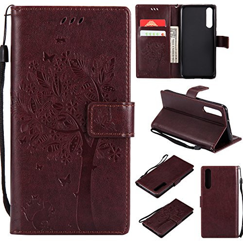 SORAKA Shinyzone Hülle für Huawei P20 Pro Flip Brieftasche Leder Hülle,Niedlich Karikatur Geprägte Katze & Baum Muster Kartenfach Magnetverschluss mit Ständer Handyhüllen für Huawei P20 Pro,Braun