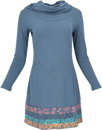 GURU SHOP Boho Patchwork Minikleid mit Schalkragen - Taubenblau, Damen, Size:L