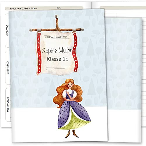 OLGS Hausaufgabenheft Hülle Ritter & Drachen inkl. Heft Schulheft Schutzhülle Umschlag Geschenkidee Einschulung personalisierbar mit Namen und die Schulklasse (personalisiert, Prinzessin Greta)