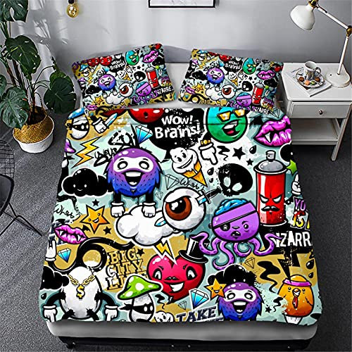 Timiany Mikrofaser Bettwäsche Set,Graffiti Mega Coole Bunte Jugendzimmer Bettbezug, NYC Street Art Design Mit Reißverschluss 135x200cm+80x80cm (Graffiti-H,135x200+80x80)