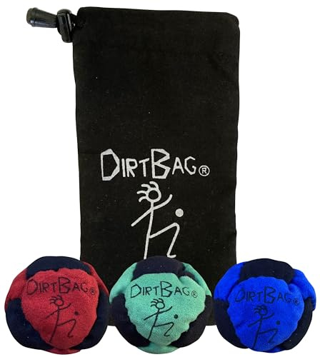 DIRTBAG Classic Footbag 3 Pack with Pouch, Unique, Footbag Set with Signature Carry Bag - Red/Green/Blue with Black Pouch.