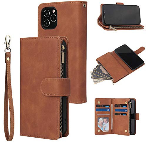 QLTYPRI Case for iPhone 13, Large Capacity Leather Wallet Case 6 Card Holder & 1 Zipper Pocket Kickstand Wrist Strap Magnetic Shockproof Phone Cover for iPhone 13 - Brown