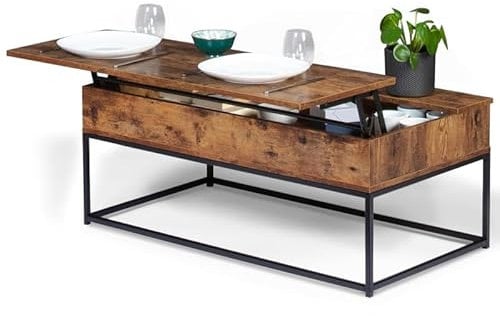 IDMarket – Mesa baja con bandeja elevable rectangular Dayton efecto envejecido, diseño industrial