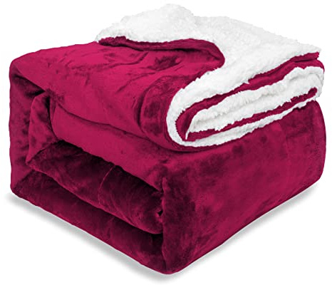 EHC Sherpa Flannel Fleece Throw Blanket - Fluffy Soft Thick Microfiber Solid Warm Blankets for Bed and Couch, Wine, Double, 150 cm x 200 cm
