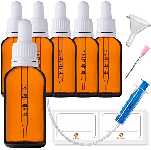 HandsUnity 30ml-6pz Bottiglia Pipetta Piccola Bottiglia di Vetro - set di Vasetti da Farmacia in Vetro Ambrato con Tappo Bianco per Pipetta include 17pcs Accessori Bottiglie di Vetro Marrone