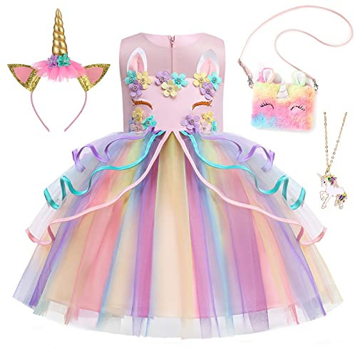 Emin Robe Licorne Enfant Fille Deguisement de Princesse Licorne avec Accessoires Robe de Princesse Noël Anniversaire Fête Halloween Carnaval Cosplay Costume