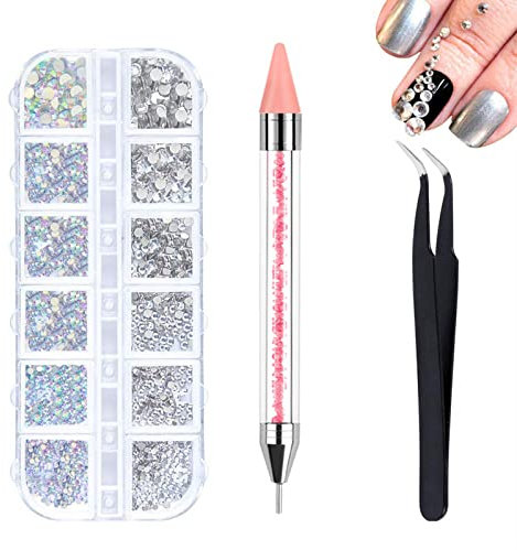 1440 piezas Gemas de espalda plana de 6 tamaños, Diamantes de imitación,Con pinzas y bolígrafo de puntos, y caja de almacenamiento, para manualidades en uñas y cara,la decoración