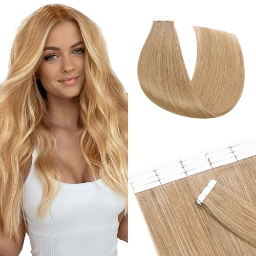 SEGO Tape in Haarverlängerung Echthaar Extensions Invisible Seamless Haarteile Skin Weft Menschenhaarverlängerung Klebestreifen Honigblond#27 50 cm (20 Stück)