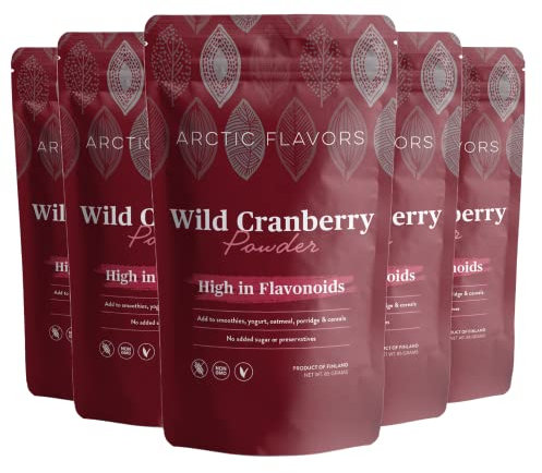 Arctic Flavors Mirtillo rosso in polvere, 425 g (confezione da 5), ideale per frullati, ricchi di flavonoidi e vitamina C, liofilizzato, 100% proveniente da fonti sostenibili dalle foreste finlandesi