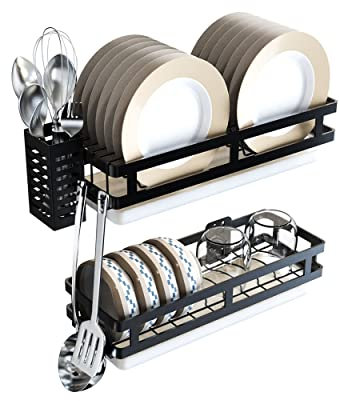 Virgorack Escurridor de platos de acero inoxidable montado en la pared, almacenamiento de cocina con escurridor de platos y soporte para palillos colgantes (2 niveles)