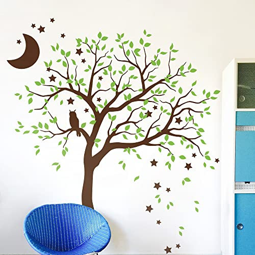 Studio Quee Großer Baum Wandaufkleber mit Eule, Mond und Sternen Kinderzimmer Wandbild Dekoration 088 (Äste nach rechts, Braun, Lindengrün)