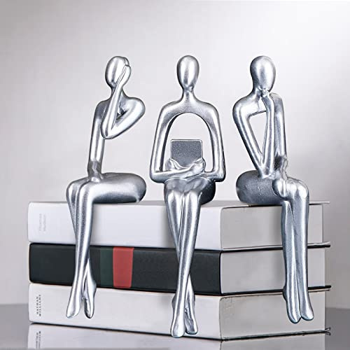 Masvan 3Pcs Home Decor Gold Thinker Statues Resin Sculpture Accents, Modern Abstract Ornaments Bookshelf Collectible Figurines, Shelf Decorations for Living Room Office Table Dining Desk,Silver