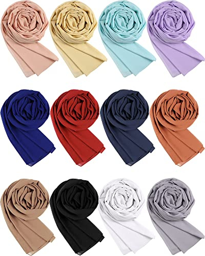 Wesiti 12 Pack Chiffon Hijab Head Scarves for Women Solid Color Soft Chiffon Hijab Long Scarf Shawls and Wraps Lightweight Breathable for Muslim Christmas Women Gifts, 12 Colors