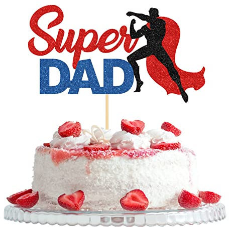Super Dad Cake Topper, Dad Birthday/Father's Day Cake Decorations, Superhero Theme Cake Decors, Best Dad Ever Party Supplies, Red＆Blue Glitter