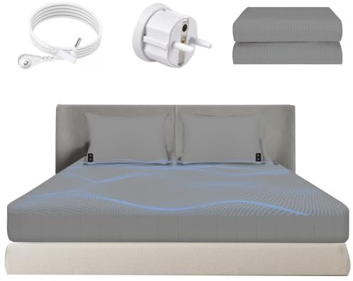 HUNAIGEE Erdungs-Spannbetttücher 150x200x33cm Erdungsbettlaken mit EU Erdungskabel Erdungsblech aus 95% Bio-Baumwolle mit 5% Silberfase Erdungsmatte für Bett Grau