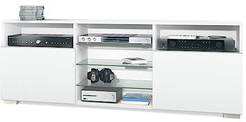 Vladon TV-Board Granada, Lowboard mit 2 Türen und 6 offenen Fächern, Korpus Weiß matt, Fronten in Weiß matt (146 x 54 x 35 cm)