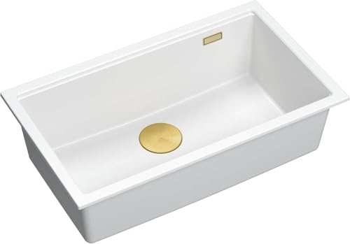 QUADRON Evier cuisine 1 bac Granit | Taille 70 x 37 x 23,5 cm Couleur: Blanc + Or Pvd (Evier Encastrable) | LOGAN 110 Evier de cuisine simple | Evier à encastrer sous le meuble à partir de 80 cm