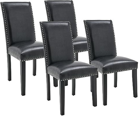 PADMA HOUSE Parsons Esszimmerstühle mit Nagelkopfbesatz, seitlich gepolsterter Sitzfläche mit Küchenakzent aus Kunstleder, Beine aus Massivholz (Schwarz, 4er Set Kunstleder aus PU)
