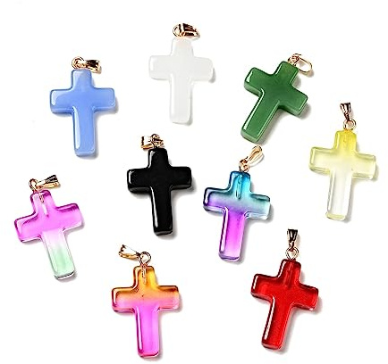 Ipotkitt 20pcs Random Glass Cross Charms with Iron Pinch Bails Crucifix Religion Religious Charms for Jewellery Making Bracelet Necklace Earrings DIY Crafts