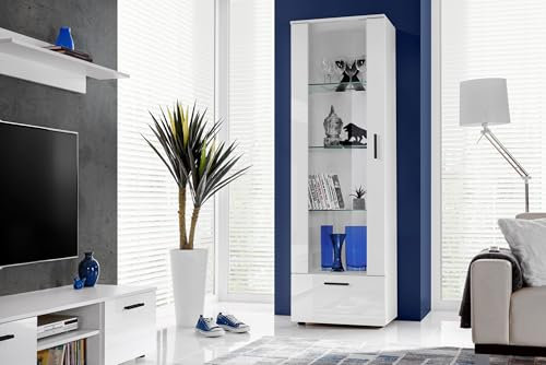 Komodee, Vitrine Schrank Alessandria, Weiß/Weiß, Breite 60cm x Höhe 192cm x Tiefe 42cm, ohne LED, 3 Glasböden, 1 Regal aus laminierter Platte, für Wohnzimmer, Schlafzimmer