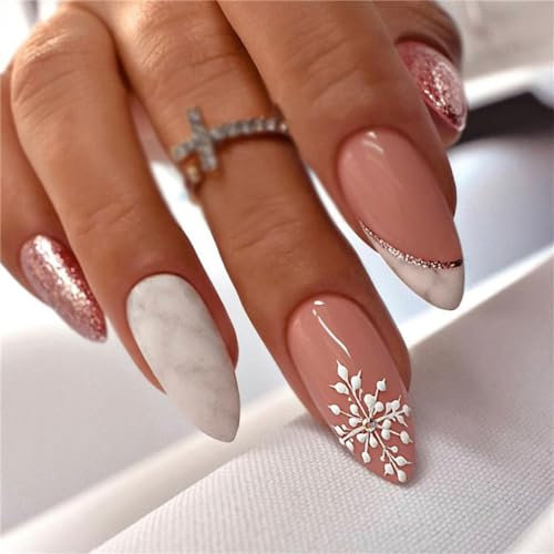 Schneeflocken Glitzer Fake Nagel Weihnachten Kurze Mandel Drücken auf Nägel Französisch Tipps Nail Art Dekoration für Frauen und Mädchen Maniküre 24pcs