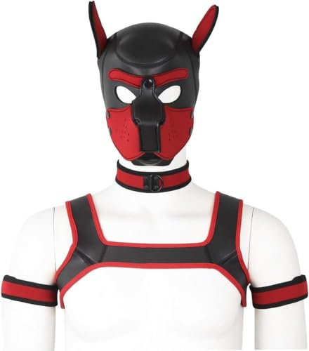CelILucky Neopren-Kapuze für Erwachsene, Tier-Kopfmaske, Hundemaske, Halsband, Armband und Geschirr-Set, Rot
