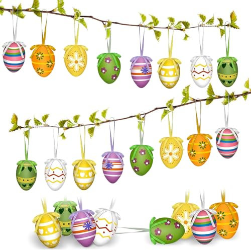Ostereier zum Aufhängen, 24 Bunte Ostereier aus Kunststoff zum Aufhängen, Osterdeko Ostereier mit Tollen Mustern für Draußen und Innen Draußen Osterstrauchdeko Frühlingsdeko (24)