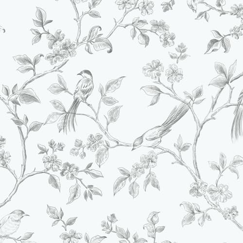 Yomshi Selbstklebende Tapete Vögel Blumen Tapeten Weiß Klebefolie Möbel Wasserdicht Vinyl Möbelfolie 41CMx3M Wandtapete für Schlafzimmer Wohnzimmer Küche
