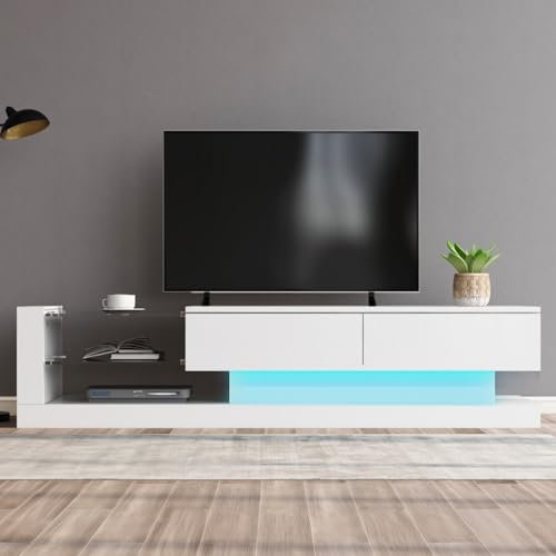 KOMHTOM Armario de TV moderno blanco con LED, aparador con dos estantes, 2 estantes de cristal, armario multifunción para salón o dormitorio, 140 x 38 x 38 cm (C)