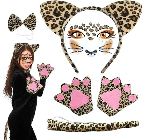 6 Stück Leoparden Kostüm Zubehör, Leopardenkostüm Cosplay Set, Leopard Ohren Stirnband, Fliege, Leoparden Handschuhe, Schwanz, Leopard Gesicht Aufkleber, Tier Verkleiden Set für Karneval Halloween
