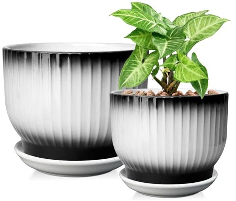 Macetas de cerámica para plantas, macetas de 5.5 + 6.7 para plantas de interior con drenaje y platillo (separables), macetas de interior, macetas de cerámica blanca y negra, juego de 2 macetas (negro