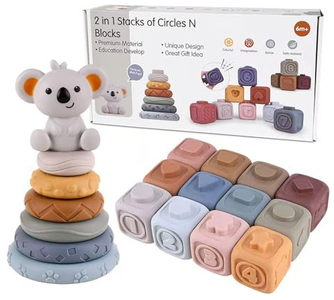 TMYIDO 2-in-1 weiche Stapelblöcke und Ringe, Montessori-Sensorikspielzeug für Babys 6 12 18 Monate, Essentials Quetsch-Beißring, strukturiert, sensorisches pädagogisches Lernspielzeug für Kleinkinder
